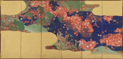 Bir akışta akçaağaç yaprakları, altı panelli ekran, Edo Dönemi, 1856-58 by Ikeda Koson