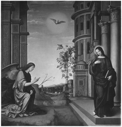 Müjde, c.1502 (tuval üzerine aktarılmış ahşap üzerine yağlı boya) by Il Francia