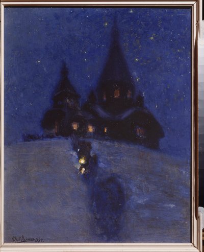 Noel gecesi Kuokkala'da (veya Repino, Rusya'da) kilise. Yuri İlyiç Repin (Youri Repin) (1877-1954), ahşap üzerine yağlı boya, 1910 civarı. Rus sanatı, 20. yüzyıl. I. Repin Memorial Museum Penates, Saint Petersburg. by Ilya Efimovich Repin