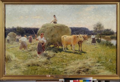 Saman yapımı (Yaz tarım sahnesi, bir öküz takımında saman toplayan köylüler) - Saman yapımı - Nikolai Kornilovich Pimonenko (1862-1912) tarafından yapılan boyama, tuval üzerine yağlıboya by Ilya Efimovich Repin