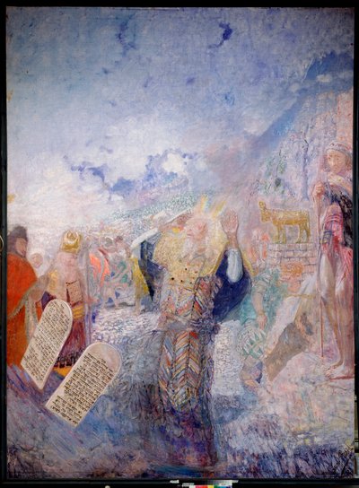Musa ve On Emir. Arkasında, Altın Buzağı. Yuri İlyiç Repin (Youri Repin) (1877-1954), tuval üzerine yağlı boya, 1930 dolayları. Rus sanatı, 20. yüzyıl, modern sanat. I. Repin Memorial Museum Penates, Saint Petersburg. by Ilya Efimovich Repin