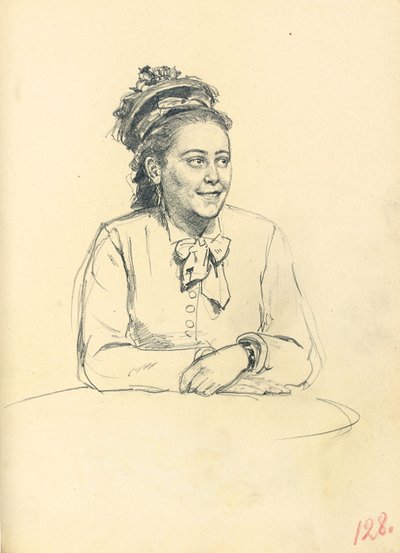 "Bir Parisli Kafe" Çalışması: Oturan Yaylı ve Elleri Katlanmış Kadın, c. 1872-1875 by Ilya Efimovich Repin
