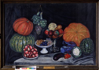 Sebzeler. Kabak, enginar, Erik, üzüm, elma, armut, patlıcan, biber, lahana, karnabahar ve karpuz ile natürmort. (Sebzeler. Natürmort). Ilya Ivanovich Mashkov'un (Ilia Mashkov, Matchkov) (1881-1944) tablosu, tuval üzerine yağlıboya by Ilya Ivanovich Mashkov