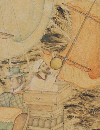 Bir Deniz Canavarı Tarafından Saldırıya Uğrayan Bir Karavel, Babür Hindistan, c.1590 (kağıt üzerinde altın ve gümüşle zenginleştirilmiş opak pigmentler) by Indian School