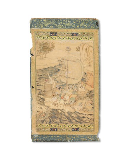 Bir Deniz Canavarı Tarafından Saldırıya Uğrayan Bir Karavel, Babür Hindistan, c.1590 (kağıt üzerinde altın ve gümüşle zenginleştirilmiş opak pigmentler) by Indian School