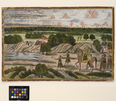 Bir Nawab ve hizmetlileri bir av gezisinde, c.1780 (kağıt üzerinde opak suluboya ve altın) by Indian School