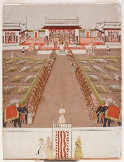 Bir köşk içinde, hizmetlilerin ve iki filin bulunduğu bir caddenin ötesinde bir Nawab tutma alanı, c.1765 (kağıt üzerinde opak wc ve altın) by Indian School