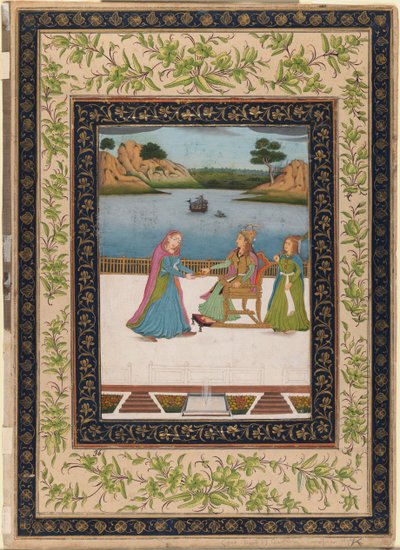 Bir Kadına Terasta Meyve Sunulur, c.1770 (opak wc, kağıt üzerinde altın ve gümüş) by Indian School
