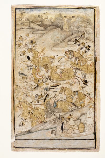 Avrupalılar tarafından yapılan bir savaş, c.1700 (kağıt üzerinde opak wc ve altın) by Indian School