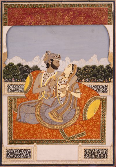 Bir terasta bir çift kucaklaşması, 1835 civarı (opak klozet, lake, altın ve kağıt üzerine cam) by Indian School