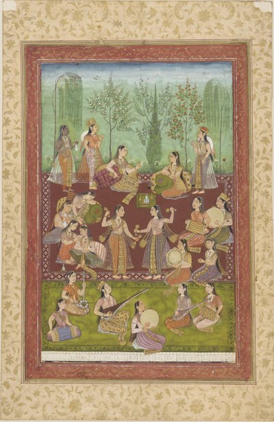 Bir bahçede müzik ve dansla eğlenen bir grup kadın (kağıt üzerinde renkli ve altın rengi) by Indian School