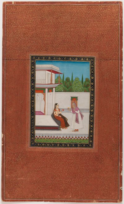 Bir hanımefendi ve yaşlı hizmetçisi, 1875-1900 (kağıt üzerinde opak wc ve altın rengi) by Indian School