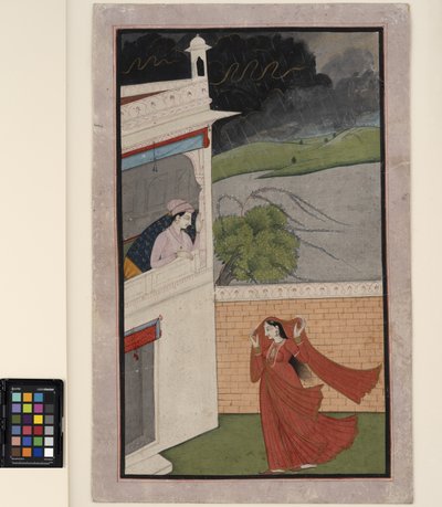 Bir bayan bir yağmur fırtınasında sevgilisinin evine gelir, c.1830 (kağıt üzerinde opak ve altın sarısı) by Indian School