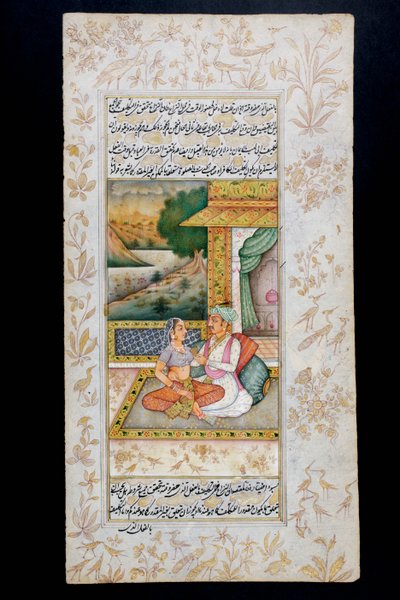 Bir adam, bir yatak odası sahnesinde bir kadına kur yapıyor, Rajasthani minyatür tablosu by Indian School