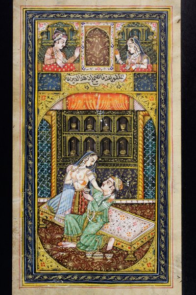 Bir adam lüks bir ortamda bir kadına kur yapıyor, Rajasthani minyatür tablosu by Indian School