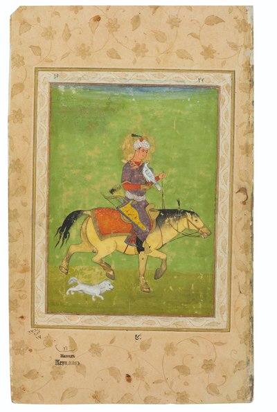 Bir şahinle at sırtında avlanan Iraj resmi, Hindistan, Babür Dönemi, 16. yüzyılın sonu (opak pigmentler ve wasli üzerinde altın) by Indian School