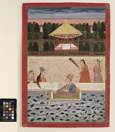 Bir prens ve prenses, lotus havuzunun yanında maytaplarla oynuyor, c.1760 (kağıt üzerinde opak suluboya ve altın rengi) by Indian School