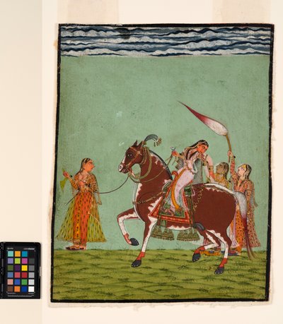 Üç görevli ile at sırtında bir kadın, c.1735 (kağıt üzerinde opak suluboya) by Indian School