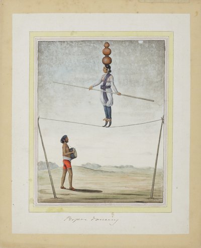 İp üzerinde akrobat, davulcu aşağıda, c.1820 (kağıt üzerinde opak wc) by Indian School