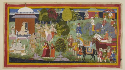 Ekle 15296 (1) f.108r, Bharadva ja, kulübesinin dışında diğer münzeviler ve geyiklerle birlikte otururken, prenslere onun misafirperverliğinden memnun kalıp kalmadıklarını sorar. Onlara ve arkadaşlarına Rama