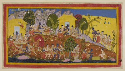 Ekle 15296 (1) f.114r, Ortada en üstte, Bharata ve Shatrughna kendilerini küçük erkek kardeşlerini kucaklayan ve Sitaeir başlarını koklayan Rama