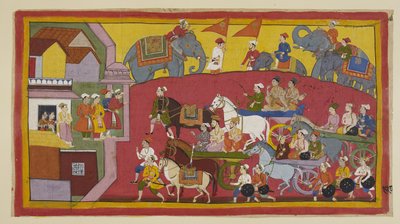 Ekle 15296 (1) f.128r, Vasistha ve prenslerin savaş arabaları, çeşitli bakanlar ve insanlar tarafından Nandigrama kasabasına girer. by Indian School