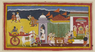 Ekle 15296 (1) f.30r, Sumantra, arabasında Rama ile sarayın girişine gelir ve kasaba halkı onları selamlamak için eğilir. Saray duvarlarına girdikten sonra Rama, panda l altında Brahmanlarla birlikte kutsal ateşe sunulan adaklara katılır. by Indian School