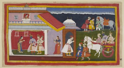 Ekle 15296 (1) f.41r, Sonunda annesini ve erkek kardeşini sakince kaderini kabul etmeye ikna ettikten sonra, Rama ve Laksmana arabadaki kendi saraylarına dönerler, Rama