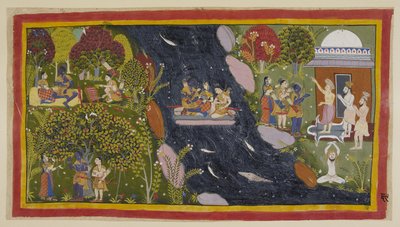 Ekle 15296 (1) f.69r, Bharadva ja, inziva yerinde sağda, gezginlere Citrakuta yolunu tavsiye ediyor. Merkezde, Yamuna