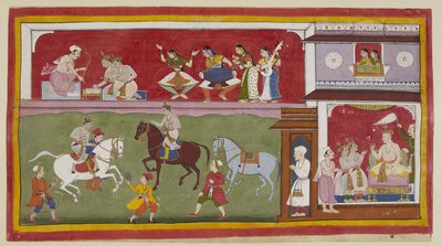 Ekle 15296 (1) f.7r, Sarayda sağda, prensler kraldan din, sanat ve bilim öğretmenleri isterken, yukarıda halı kaplı bir jharokha penceresindeki iki hanımefendi pratik yaparken sol tarafta onlara yukarıdan bakar egzersiz alanında binicilik. by Indian School