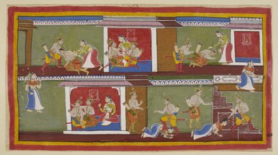 Ekle 15296 (1) f.89r, Sağ üstte, Bharata ve Shatrughna, onları kucağına alan Kaikeyi