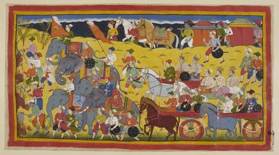 Ekle 15296 (1) f.97r, Prensler guruları, bakanları ve ordularıyla birlikte ormana doğru yola çıktılar, ondan önce yol yapmak için ağaçları kesen adamlar ve kraliyet filleri geldi. İki sedye kraliçeleri taşır, ardından iki öncü binici at gelir. by Indian School