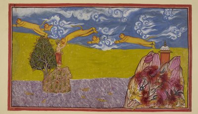 Ekle 15296 (2) f.84r, Okyanusun genişliğinden korkmayan Hanuman muazzam bir boyuta şişer ve hâlâ yanan Mahendra dağını fırlatma rampası olarak kullanarak kendini uzaya ve okyanusun ötesindeki ada krallığı olan La