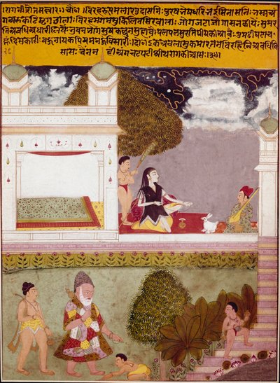 Bir ascete, 1760 dolaylarında bir Hint okulunun Minyatür sarayının terasında müzik dinliyor. by Indian School