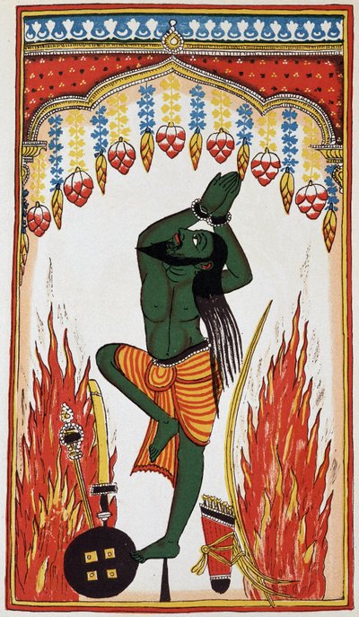 Aradjama, kendisini yenilmez kılacak silahları elde etmek için dua edip kefaretini ödeyerek, 18.yy. by Indian School