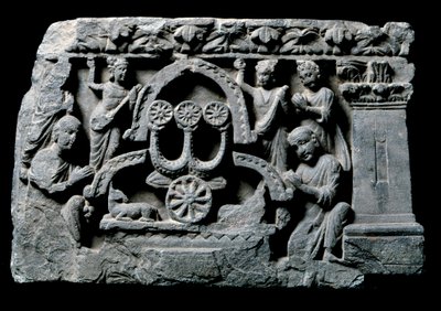 Gandhara Sanatı (veya Greko-Budizm): “” Buda duada”” mucize Sravasti (Shravasti veya Savatthi) (Dua Eden Buda, Sravasti mucizesi) Gandhara Okulu Rölyefi - 2. ila 4. yüzyıl - Hint Müzesi, Kalküta Hindistan by Indian School