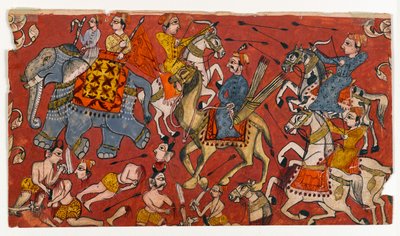 Bhagavata Purana serisinden savaş sahnesi, c.1625-50 (kağıt üzerine sulu boya ve altın rengi) (499330 recto) by Indian School