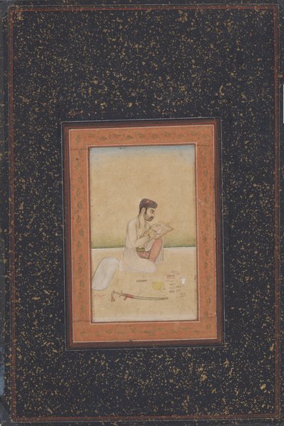Gözlüklü ressam Behzad (kağıt üzerine mürekkep, renk ve altın) by Indian School
