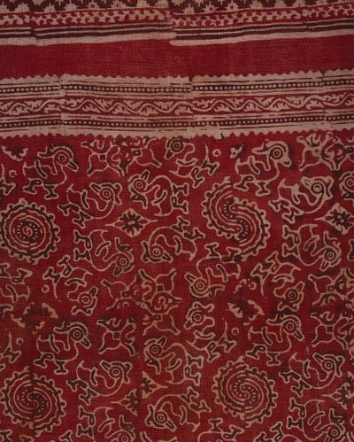 Kaz, lotus tomurcuğu ve rozet desenli ihracat ticareti için blok baskılı tekstil, Hint, c.1500 (pamuk) (detay) by Indian School