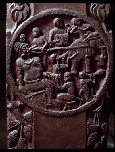 Budizm: “Maymunlar bir fil yakalar ve devin dişini çıkarmak için onu sürükler) detay du stupa de Bharhut (Barhut, Barouth) Siyah taştan alçak kabartma, MÖ 2. yüzyıl (MÖ 2. yüzyıl) - Kalküta, Hint müzesi by Indian School