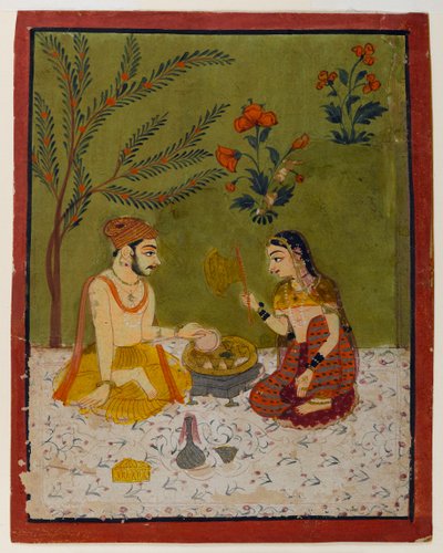 Bir ağacın altında oturan çift, c.1700 (kağıt üzerinde wc ve altın) by Indian School