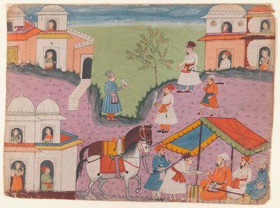 Saray mensupları kaçamaklar, tanımlanamayan bir anlatı dizisinden sayfa, c.1670 (kağıt üzerinde opak wc) by Indian School