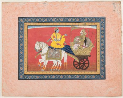 Kurukshetra savaş alanında Krishna ve Arjuna arasındaki diyalog, c.1820 (kağıt üzerinde opak suluboya ve altın rengi) by Indian School