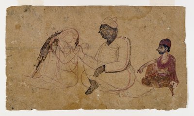 Üç Oturan Figür Çizimi, c.1750 (kağıt üzerine mürekkep ve renkli) by Indian School