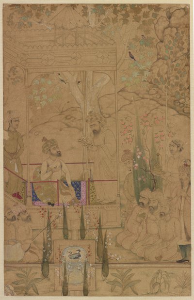 İmparator Babür Bahçede Refakatçilerle, 1590 dolayları by Indian School