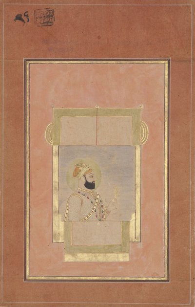 Farrukh Siyyar bir pencerede oturuyor, elinde altın bir sarpech, c.1715 (kağıt üzerinde opak wc ve altın) by Indian School
