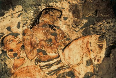 At sırtında kadın figürü, Ajanta mağaralarında duvar resmi (1 numara), Gupta dönemi, 5-6. yüzyıl (resim) by Indian School