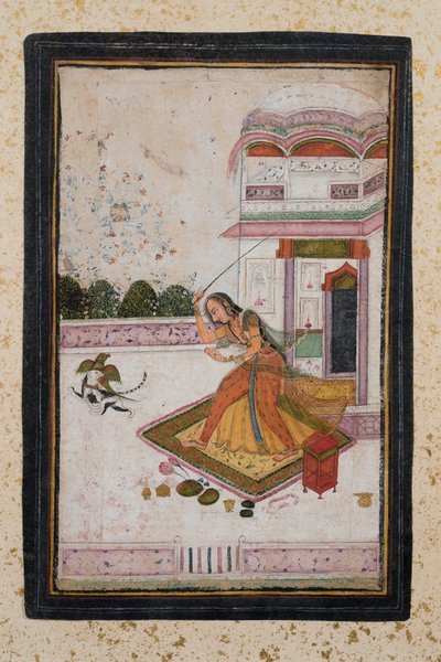 Bir kediyi kovalayan kız (kağıt üzerine guaj, altın süsleme) by Indian School