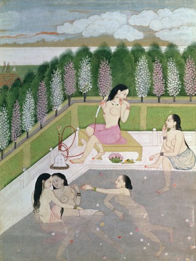 Girls Bathing, Pahari Style, Kangra School, Himachel Pradesh, 18th century  by Indian School