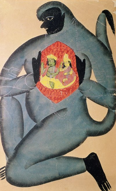 Hanuman revealing Rama and Sita enshrined in his heart, painted by a member of the Patua caste, 1880  by Indian School